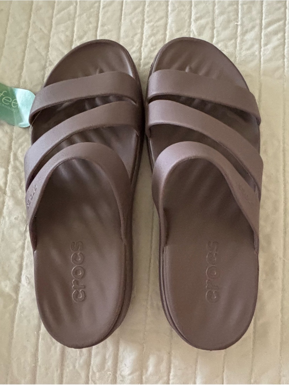 CROCS Women's Brown Triple-Strap Slide Sandals